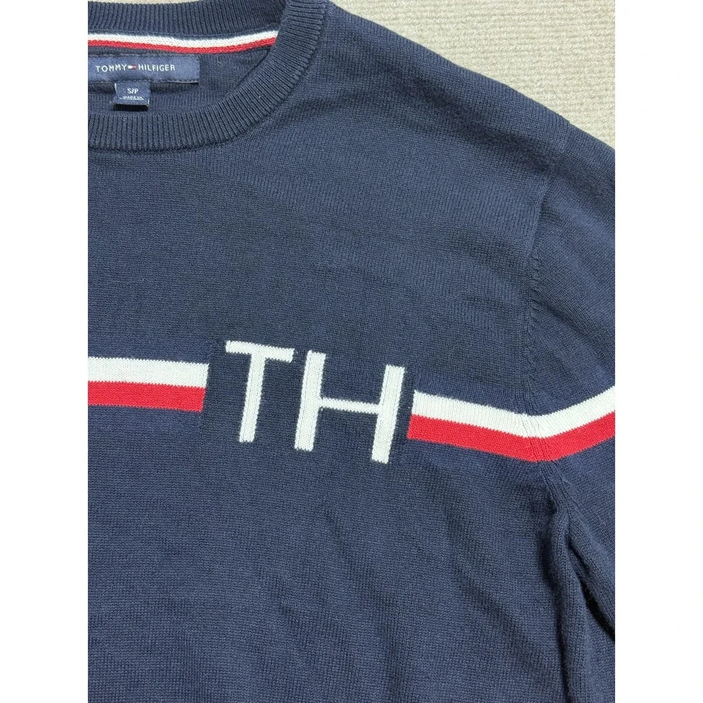 Tommy Hilfiger Sweater Mens Small‎ Navy Blue Crewneck TH Stripe Cotton Pullover